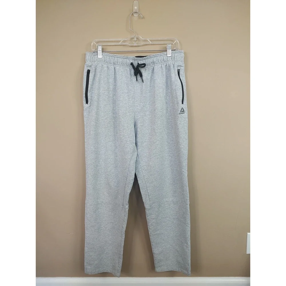 Reebok Mens Heather Gray Fleece Sweatpants Zipper Pockets Large L Drawstring